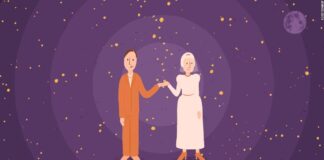 An illustration of a couple holding hands in space